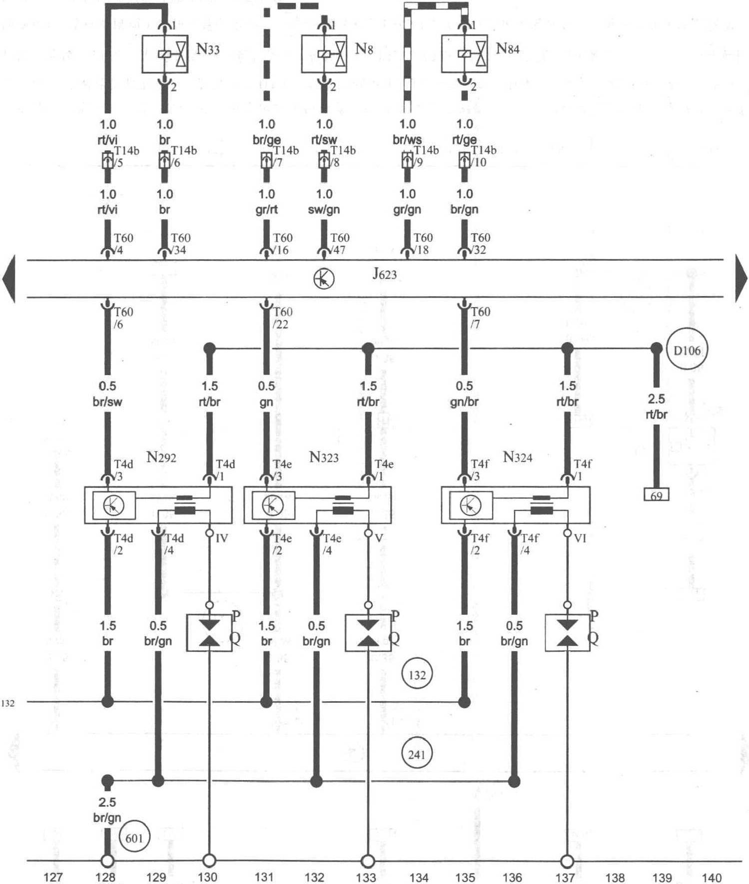 圖1-1-10 發(fā)動(dòng)機(jī)控制單元、汽缸4噴油閥、帶功率輸出級(jí)的點(diǎn)火線(xiàn)圈4、火花塞插頭、火花塞